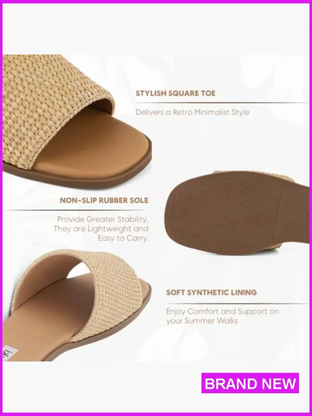 Raffia Slide Sandals Woven Flat Slip-On Open Toe Summer Casual Dressy